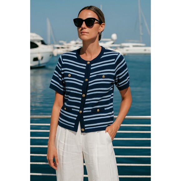 J.Crew Cashmere Short Sleeve Cardigan in Blue Stripes Gold Buttons Nautical XL - Picture 1 of 13